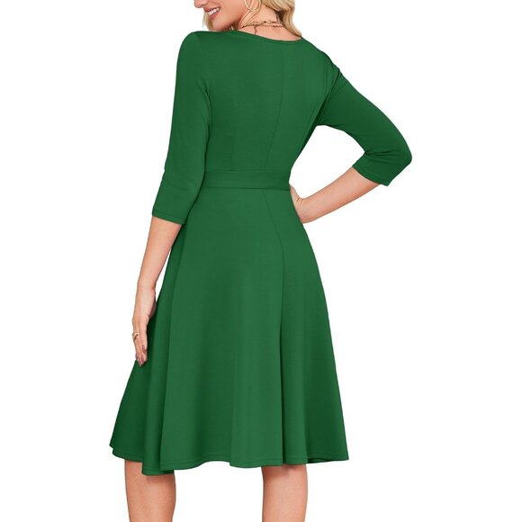 Women's Green 3/4 Sleeve Vintage Flattering A-line Vintage Cocktail Dresses - Picture 5 of 5